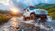 © Nimbus Works - A robust off-road vehicle crosses a mountain stream at sunrise, a perfect representation of adventure and the call of the wild.