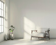 © 3r1k_ai - Minimalist living room setting, emphasizing simplicity and elegance with a simple chair next to a single plant.
