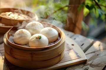 Poster - Traditional bamboo basket filled with dumplings, perfect for food and cooking concepts