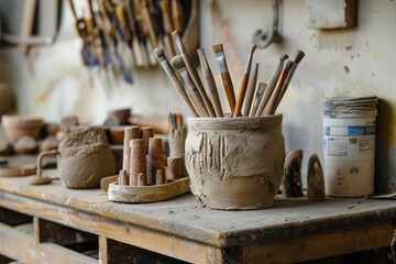 Poster - Various tools arranged neatly on a wooden table. Ideal for DIY projects and construction themes