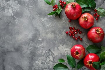 Poster - Ripe pomegranates with vibrant leaves and berries, perfect for food or health-related projects