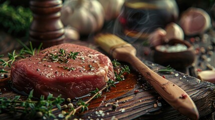 Poster - A piece of meat on a cutting board with a knife. Suitable for food and cooking concepts