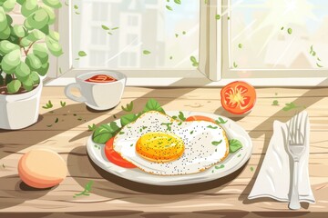 Poster - A plate of food on a table near a window. Suitable for food blogs or restaurant menus