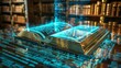 A conceptual image of a digital hologram of religious texts, showing the future of studying sacred writings,