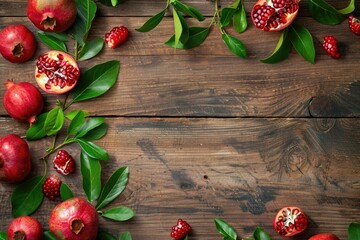 Poster - Fresh pomegranates and green leaves on rustic wooden table. Perfect for food or nature related designs