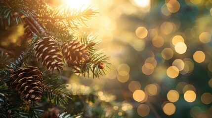 Sticker - Morning sunlight illuminating pine branches with leaves and cones against a nature backdrop Empty space for text