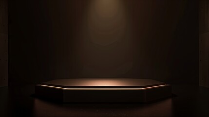 A hexagon-shaped dark brown podium on the empty black background, illuminated by soft white light.