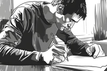 Poster - A man sitting at a desk writing on a piece of paper. Suitable for business and education concepts