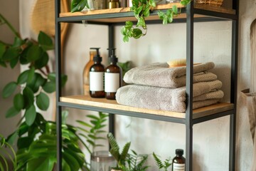 Poster - A shelf displaying towels, bottles, and plants, perfect for bathroom decor