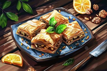 Poster - A painting of a plate of food on a table. Suitable for food blogs or restaurant menus