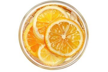Poster - Fresh orange slices floating in a glass of water. Ideal for health and wellness concepts