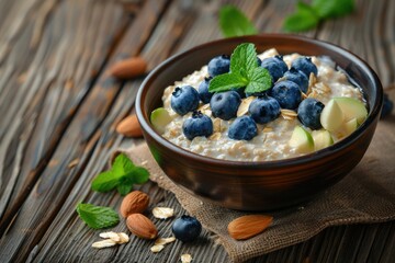 Sticker - A nutritious bowl of oatmeal with blueberries and almonds. Ideal for health and wellness concepts