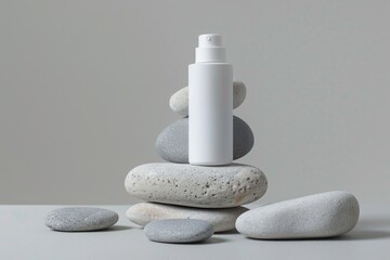 Poster - A bottle of lotion placed on a stack of rocks. Suitable for beauty or skincare concepts