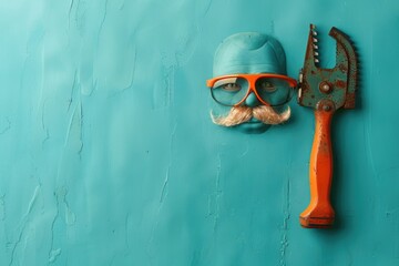 Poster - A man's face with a mustache and glasses against a blue wall. Suitable for business and lifestyle concepts