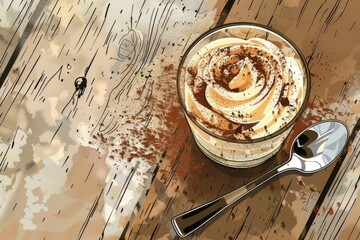 Poster - A cup of coffee on a wooden table with a spoon. Suitable for coffee shop promotions