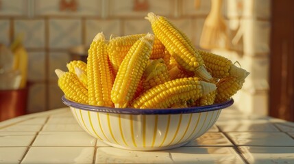 Poster - A bowl filled with corn on a table. Suitable for food and agriculture concepts