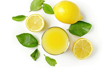 Poster - A glass of orange juice surrounded by lemons and leaves. Perfect for summer drink concept