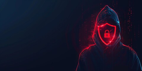 A person in a black hoodie with the hood up, viewed from the front A red glowing shield and padlock icon on a dark blue background, a banner design for an online security concept Generative AI