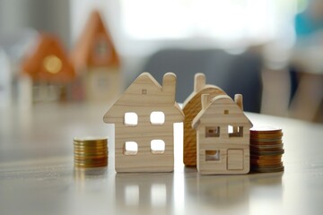 Poster - Table with coins stacks and wooden houses. Ideal for finance or real estate concepts