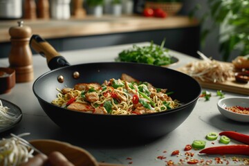 Wall Mural - A pan filled with food on a counter, ideal for kitchen or cooking concepts