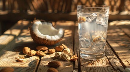 Poster - A glass of water sitting on top of a wooden table. Suitable for various design projects
