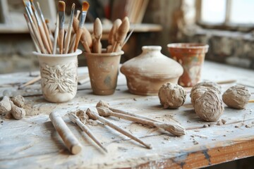 Poster - Wooden table with pottery and brushes, ideal for artistic projects