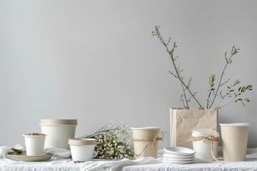 Poster - Table setting with white plates and cups, suitable for restaurant or home decor