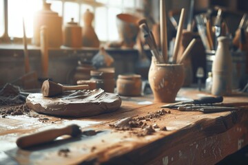 Poster - Various tools neatly arranged on a wooden table. Ideal for DIY and construction projects