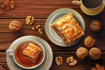 Poster - A cup of tea and a plate of food on a table. Ideal for food and drink concepts