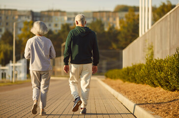 Wall Mural - Back view of senior retired couple wearing sportswear walking along a path in park having sport workout. Elderly men and women exercising outdoors. Workout in nature and healthy lifestyle concept.