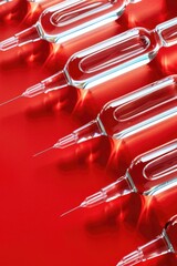 Poster - Syrups lined up on red background. Perfect for food and beverage concepts