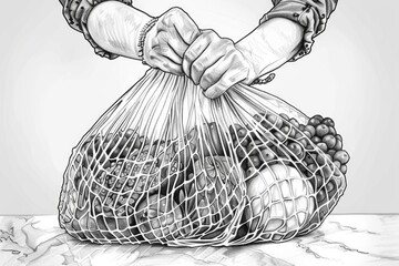 Poster - A drawing of a person holding a bag of fruit. Suitable for grocery store promotions