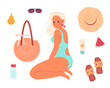 Set of cute summer elements with woman in swimsuit, beach bag, fruits, beach accessories. Bright summertime flat vector collection for design or scrapbooking.