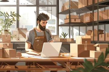 Poster - A man sitting at a table with a laptop. Suitable for business or technology concepts