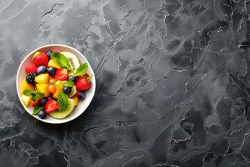 Aufkleber - Fresh fruit in a bowl on a sleek black table, perfect for food blogs or healthy lifestyle websites