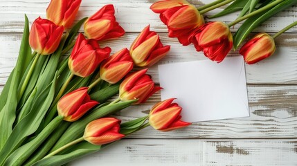 Poster - Vibrant red and yellow tulips next to a piece of paper. Suitable for various projects