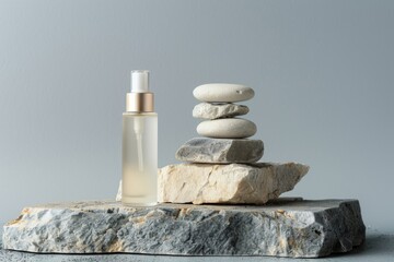 Aufkleber - A bottle of perfume placed on a rock. Ideal for beauty and nature concepts