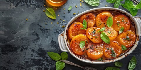 Poster - Fresh oranges with basil leaves and a refreshing glass of orange juice. Perfect for food and beverage concepts