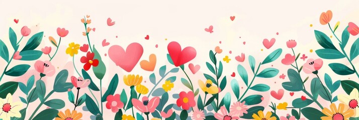 Wall Mural - Floral Bouquet and Hearts Painting on White Background