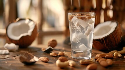 Aufkleber - Refreshing glass of water with ice and a side of nuts. Perfect for food and drink concepts
