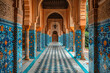  Photo of an open-air corridor in the palace at El Mar. Several blue and white tiles on columns with arabesque patterns in the style of Arabic art. Created with Ai