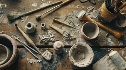 Poster - A rustic wooden table with various pottery and tools, suitable for home decor or DIY projects