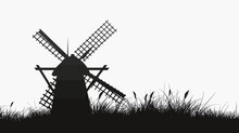 A Black And White Silhouette Of A Windmill