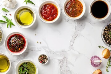 Poster - Various types of food bowls displayed on a table, suitable for food and dining concept