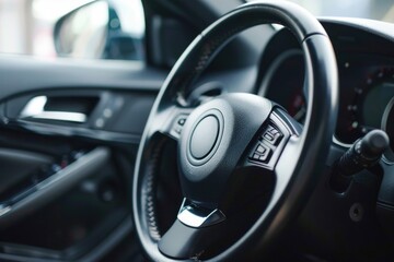 Poster - Close up of a car steering wheel. Suitable for automotive concepts