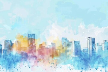Poster - Detailed watercolor painting of a city skyline. Perfect for urban-themed designs