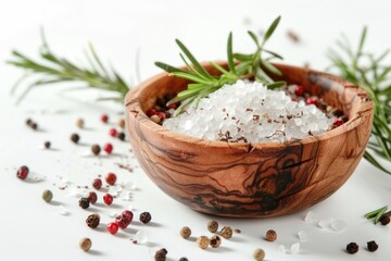 Poster - A wooden bowl filled with sea salt and a sprig of rosemary. Perfect for culinary or spa concepts