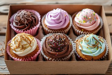 Aufkleber - A box of cupcakes on a rustic wooden table. Perfect for bakery or dessert themes