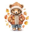 Cute good-natured bear in warm clothes in autumn on a white background.