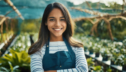 Portrait of a beautiful young woman smiling at the camera working in the garden 